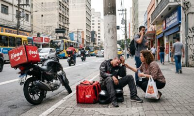 Entregador iFood exausto sentado na calçada, mulher agachada oferece água em rua movimentada