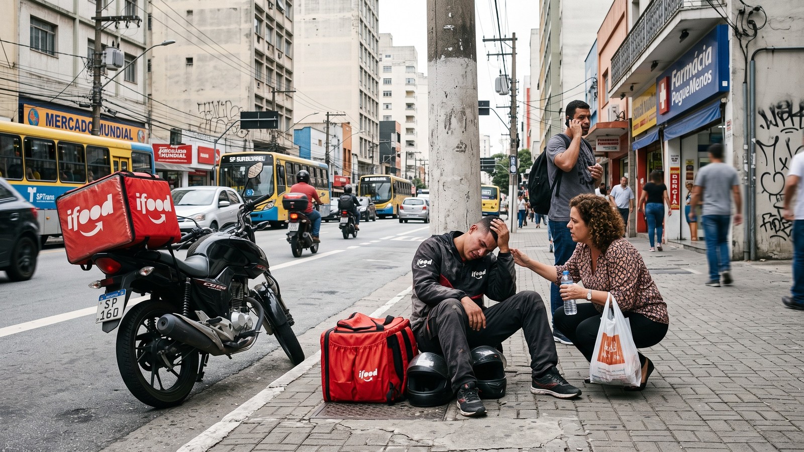 Entregador iFood exausto sentado na calçada, mulher agachada oferece água em rua movimentada