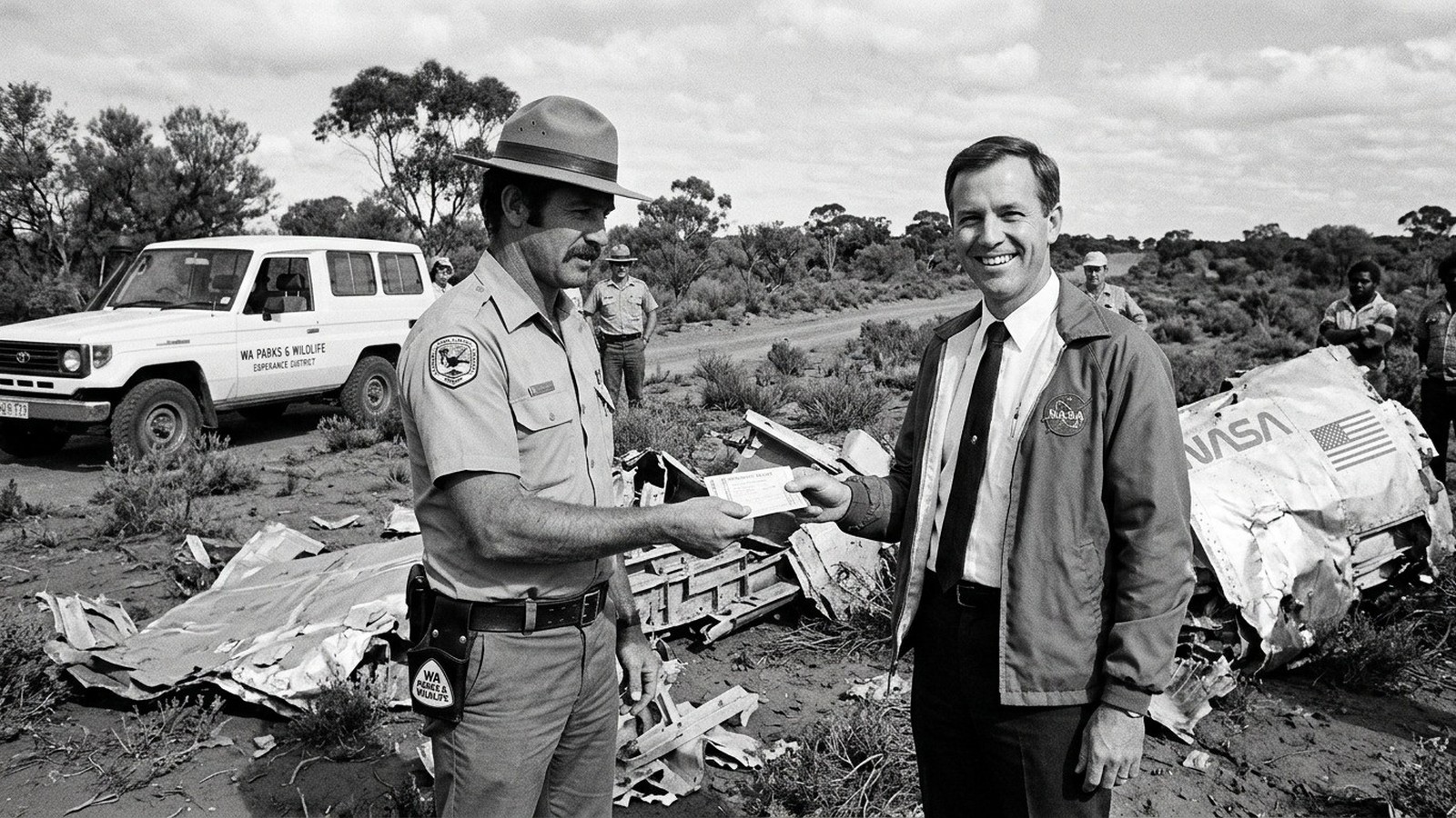 Agente de parque australiano entrega multa a funcionário da NASA perto de destroços da Skylab.