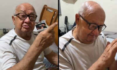 Imagem dividida mostra homem idoso de óculos e camiseta branca gesticulando e com as mãos juntas