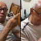 Imagem dividida mostra homem idoso de óculos e camiseta branca gesticulando e com as mãos juntas