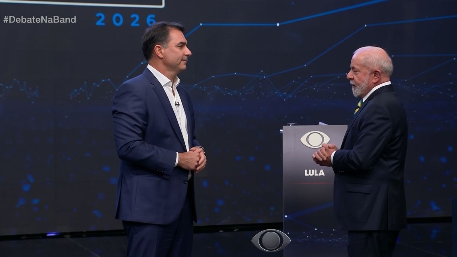 Flávio Bolsonaro e Lula em debate na Band com pódio 'LULA'