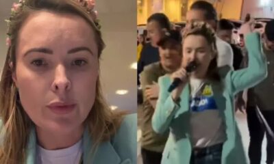 Júlia Zanatta em imagem dividida: rosto em close e celebrando com microfone e tiara