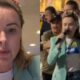 Júlia Zanatta em imagem dividida: rosto em close e celebrando com microfone e tiara