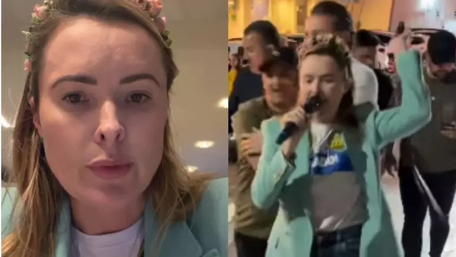 Júlia Zanatta em imagem dividida: rosto em close e celebrando com microfone e tiara