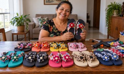 Djanilda Ferreira diz ter feito 50 pares com material reciclado e vendido tudo em apenas seis horas