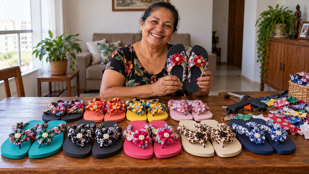 Djanilda Ferreira diz ter feito 50 pares com material reciclado e vendido tudo em apenas seis horas