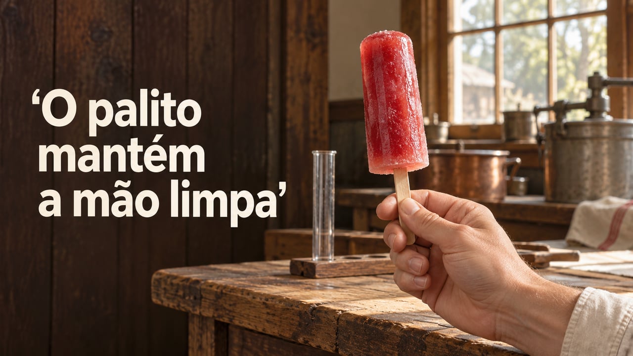 A patente descreve um palito de madeira que permite consumir o picolé sem tocar no doce