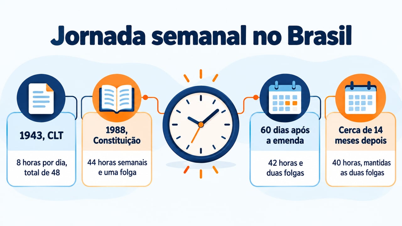 Do teto de 48 horas da CLT às 40 horas finais, a jornada semanal encolhe em quatro etapas