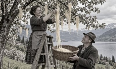 Em 1957, a BBC mostrou famílias suíças colhendo espaguete em árvores no Ticino, e a pegadinha enganou centenas de espectadores