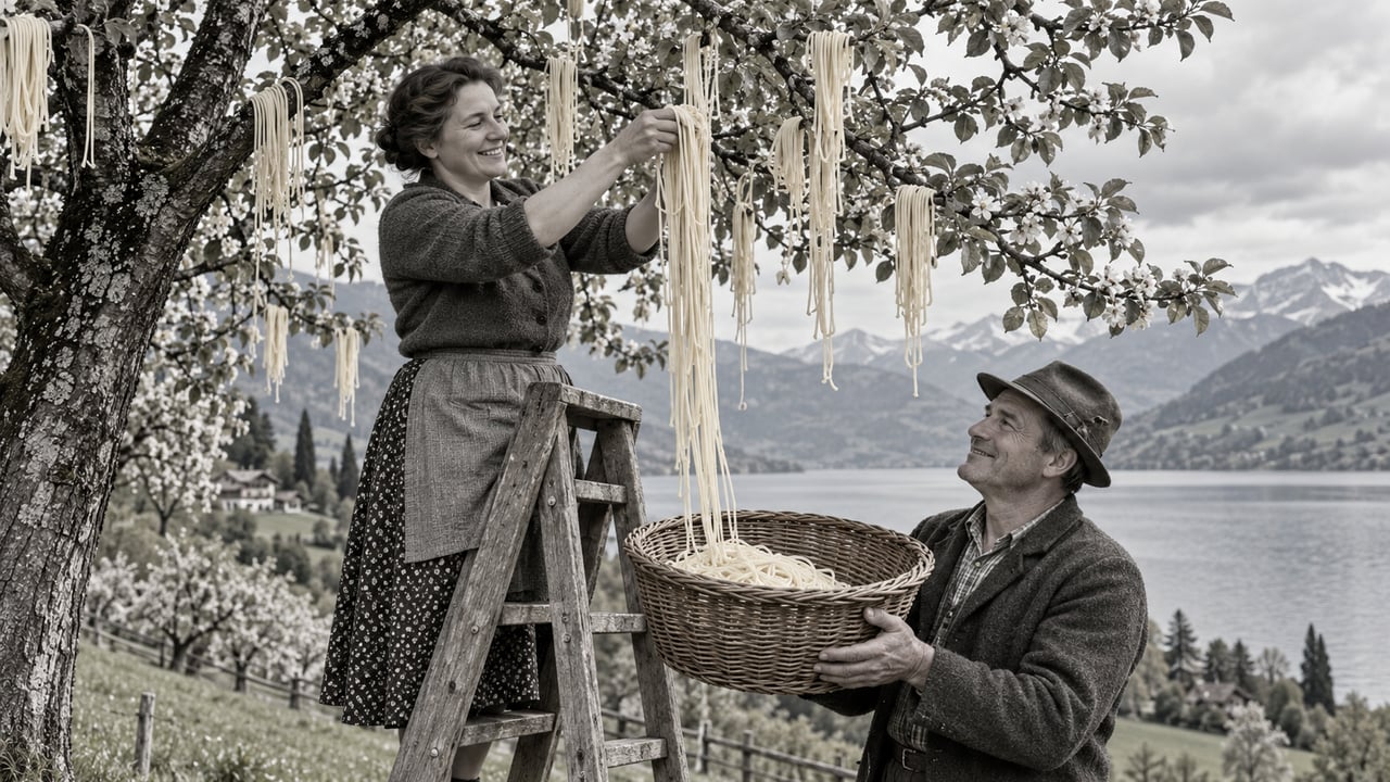 Em 1957, a BBC mostrou famílias suíças colhendo espaguete em árvores no Ticino, e a pegadinha enganou centenas de espectadores