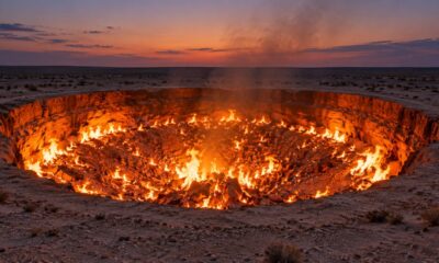 A Cratera de Darvaza, no deserto de Karakum, queima gás natural há mais de 50 anos e é chamada de Porta do Inferno