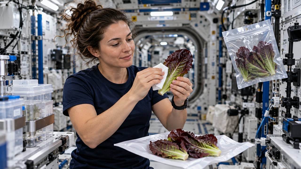 Folhas limpas com lenços higienizantes e parte da colheita congelada para análise na Terra garantiram a segurança da salada espacial