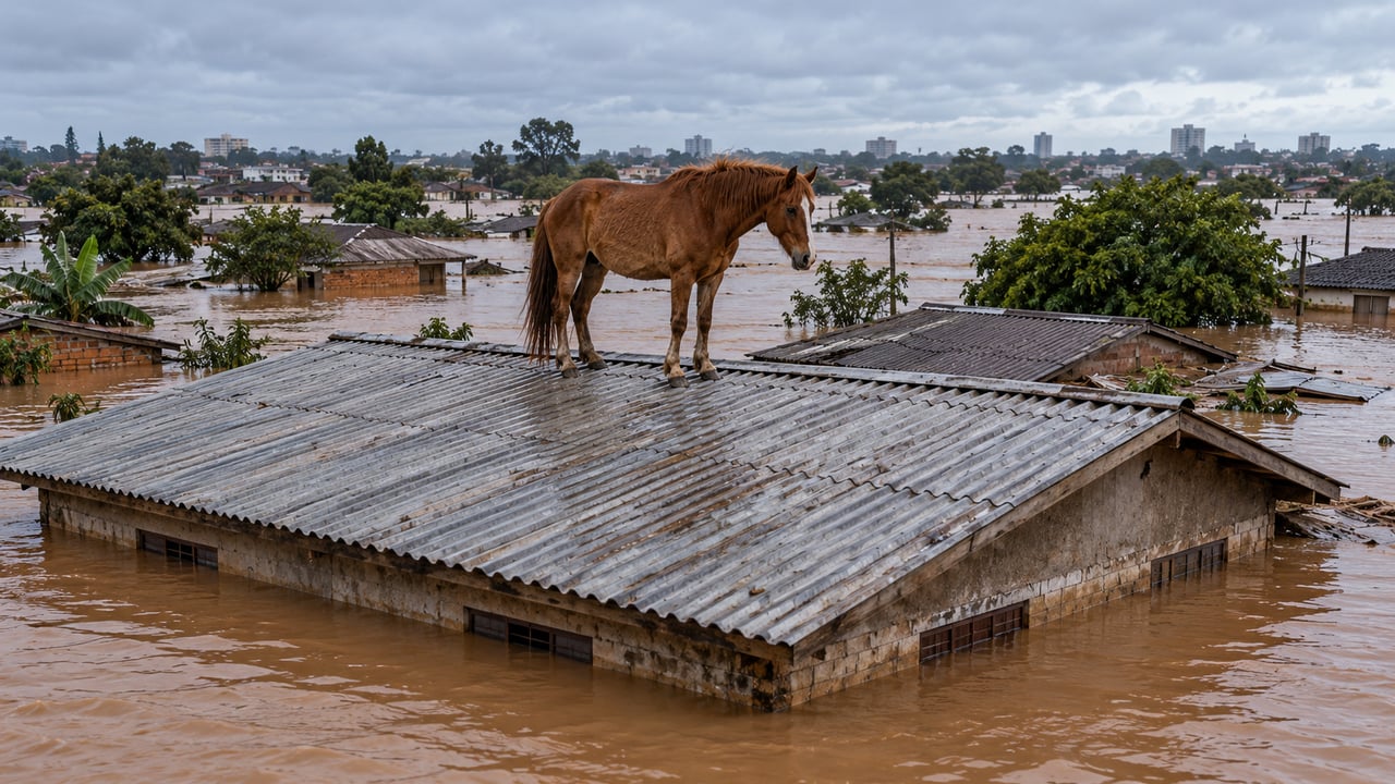 Caramelo passou cerca de cinco dias ilhado em um telhado em Canoas e foi resgatado em 9 de maio de 2024