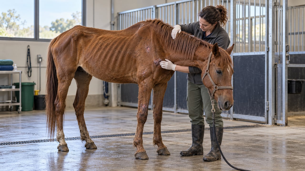 Após o resgate, os veterinários identificaram desidratação, lesões na pele e desnutrição severa