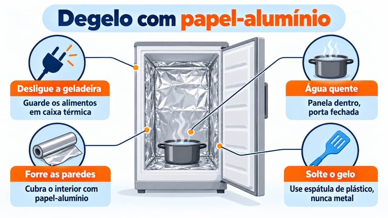 O método exige geladeira desligada, panela de água quente com a porta fechada e espátula de plástico