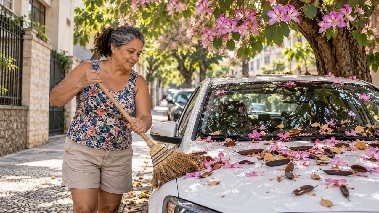 Folhas, flores e vagens caem sobre o carro, e na calçada do Rio o plantio só pode ser pedido pelo 1746