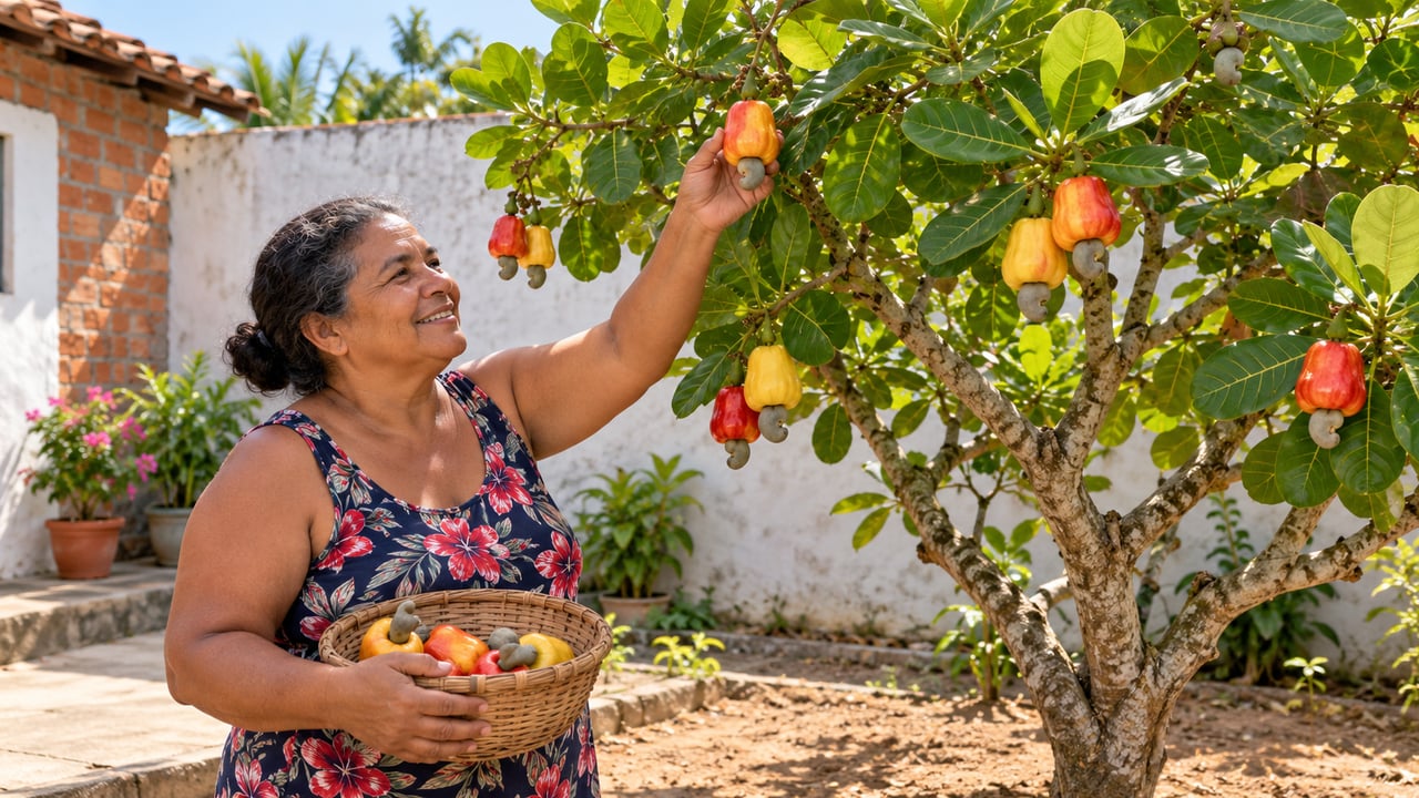 O cajueiro-anão tem porte baixo, permite colher o caju com a mão e aguenta a seca do Nordeste