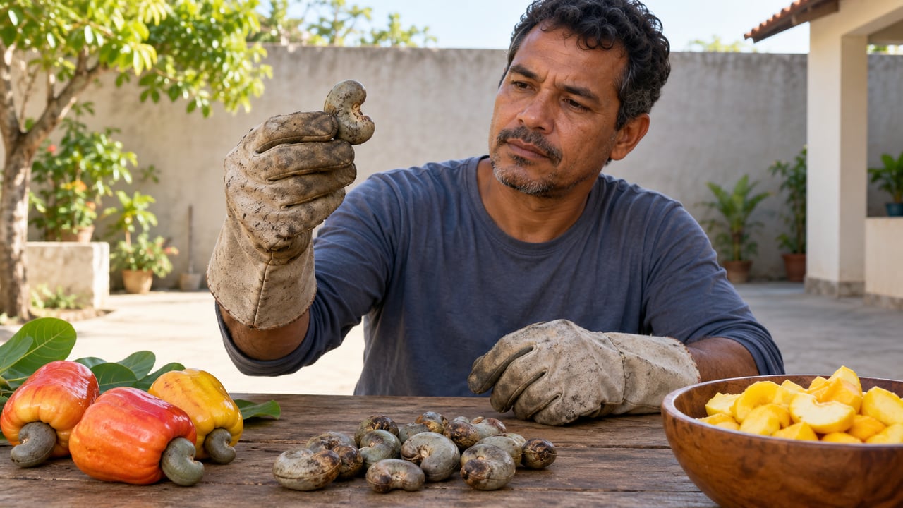 O óleo da casca da castanha de caju fere a pele, e por isso é preciso usar luvas ao manuseá-la