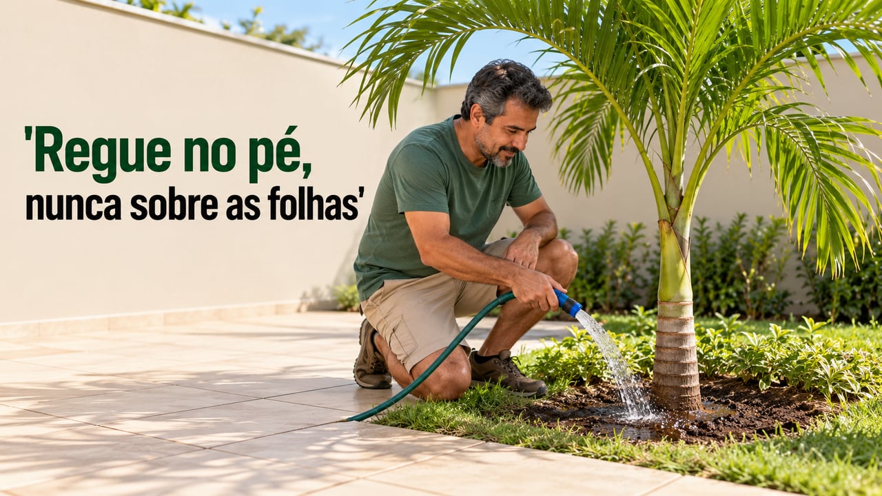 A rega deve ser feita na base da palmeira, pois molhar as folhas favorece a mancha foliar causada por fungo