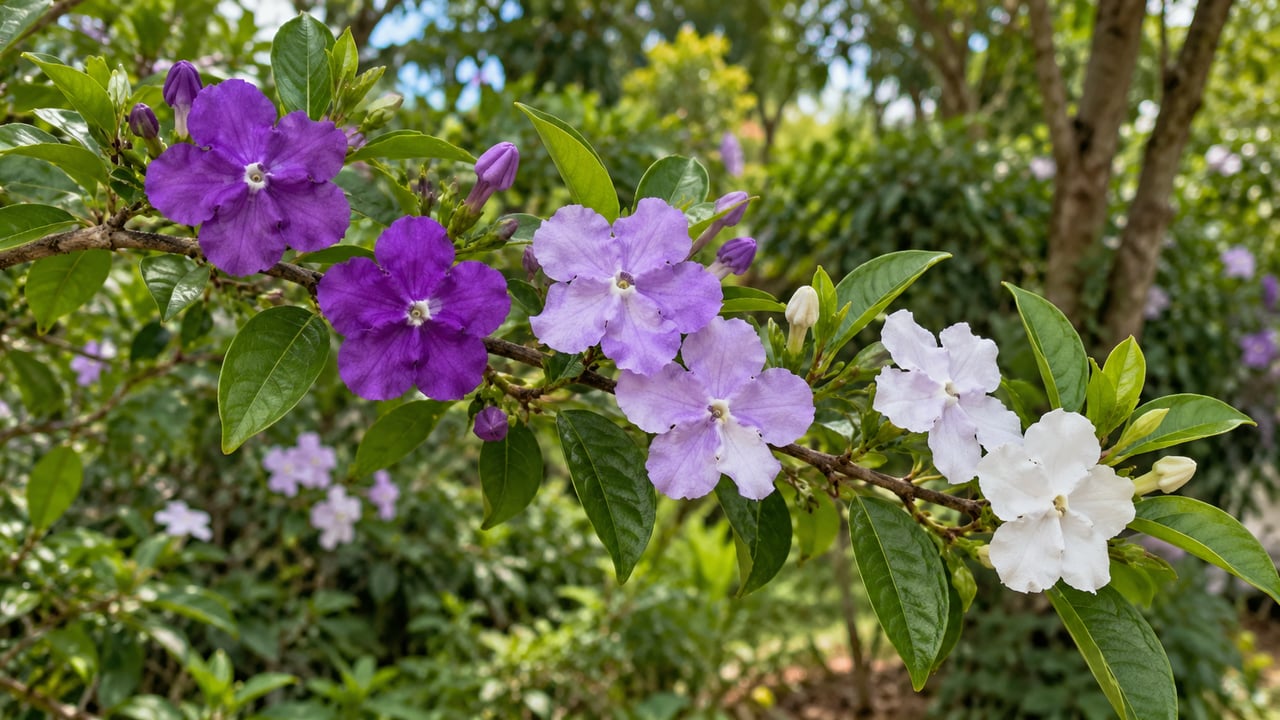 As flores clareiam com o envelhecimento, deixando o mesmo arbusto com tons roxos, lilases e brancos
