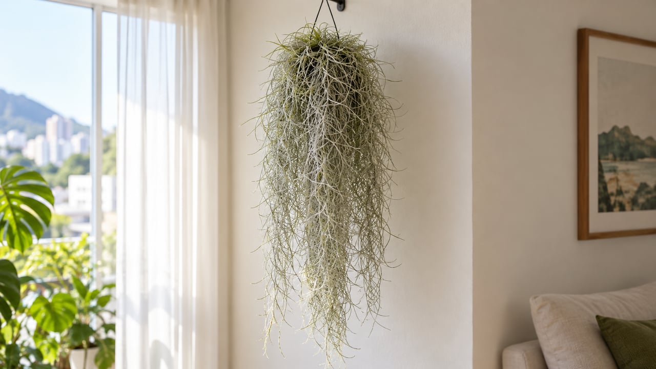 A Tillandsia, grupo da barba-de-velho, vive pendurada sem terra e sem vaso, o que combina com apartamentos pequenos