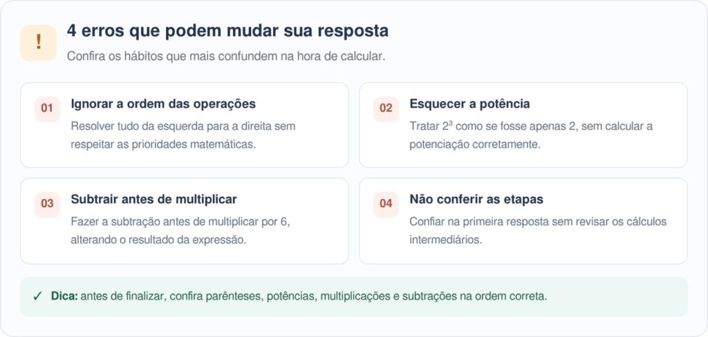 100 − (2³ + 4) × 6 parece matemática básica, mas exige atenção redobrada para não errar antes de chegar à última operação
