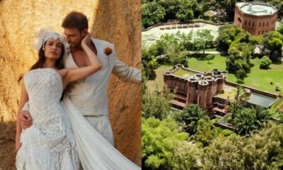 Casal em traje de gala e vista aérea do Instituto Ricardo Brennand com castelo e jardins