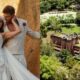 Casal em traje de gala e vista aérea do Instituto Ricardo Brennand com castelo e jardins