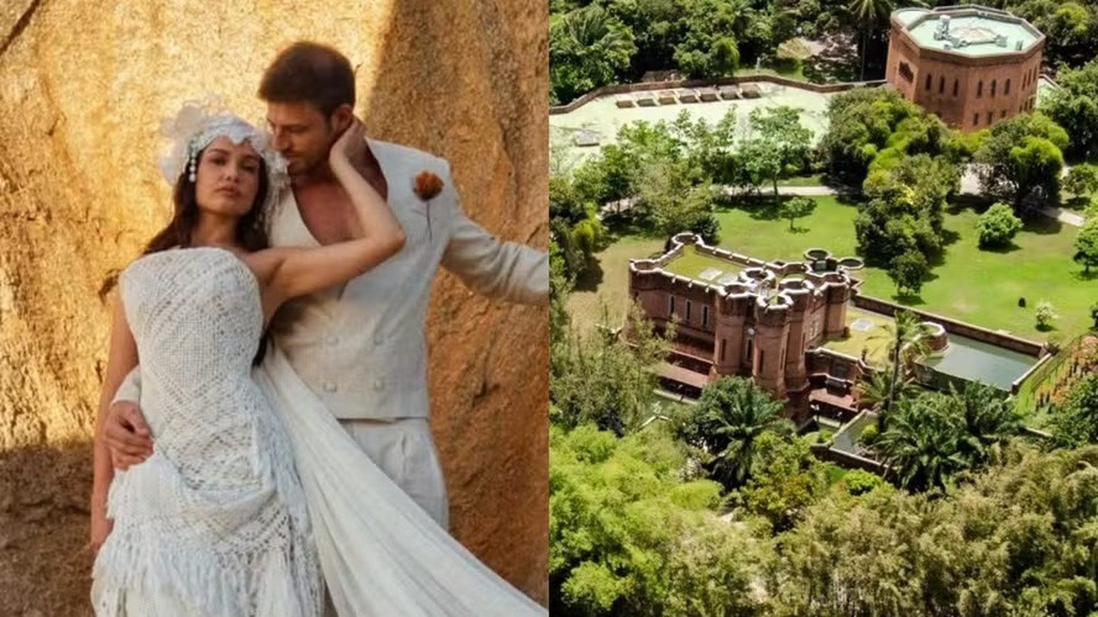 Casal em traje de gala e vista aérea do Instituto Ricardo Brennand com castelo e jardins