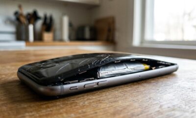 Celular preto com tela levantada, bateria inchada visível, sobre mesa de madeira