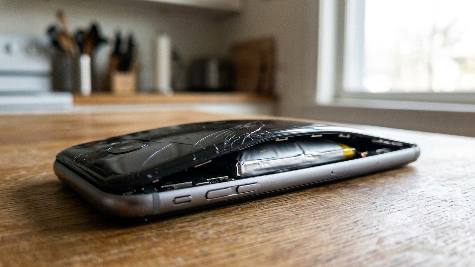 Celular preto com tela levantada, bateria inchada visível, sobre mesa de madeira