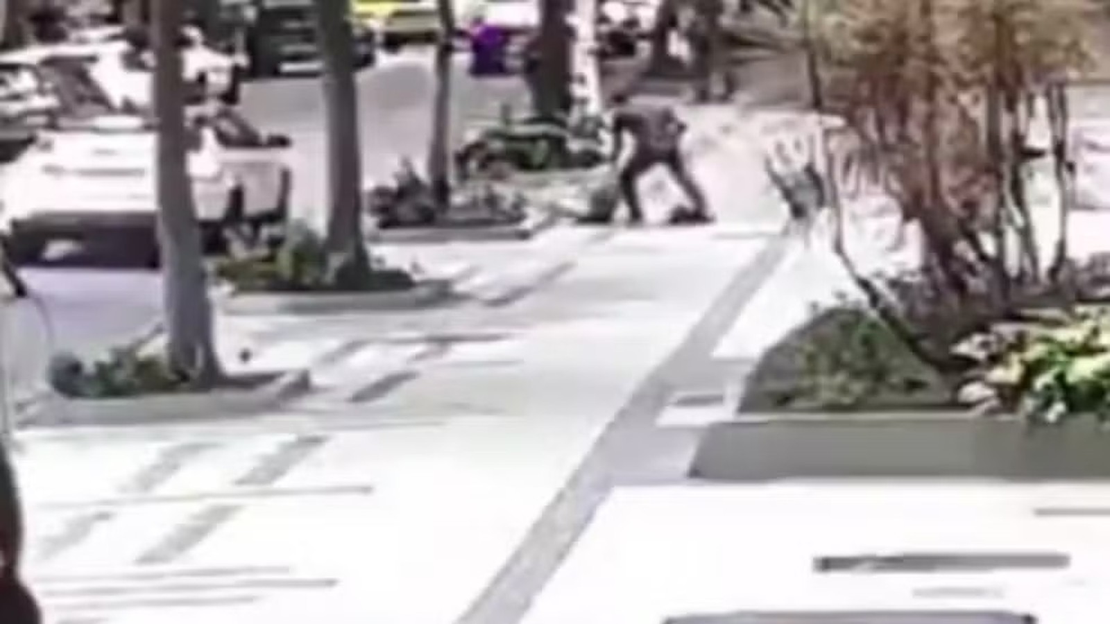 Homem agride pessoa caída no chão na calçada, carros e árvores ao fundo