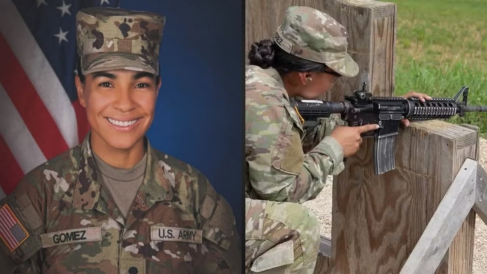 Mulher militar, nome "GOMEZ", sorrindo e atirando com fuzil em campo de treinamento