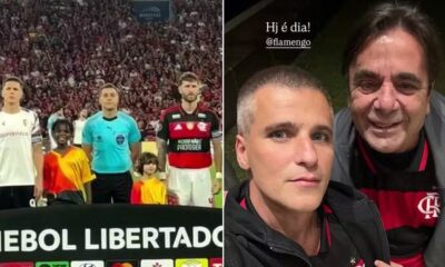 Díptico: crianças e jogadores em campo; selfie de Gagliasso e Ferrera com camisas do Flamengo