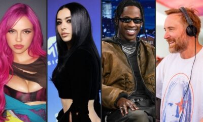 Montagem de quatro músicos: mulher cabelo rosa, mulher cabelo preto, homem de óculos escuros, homem fones