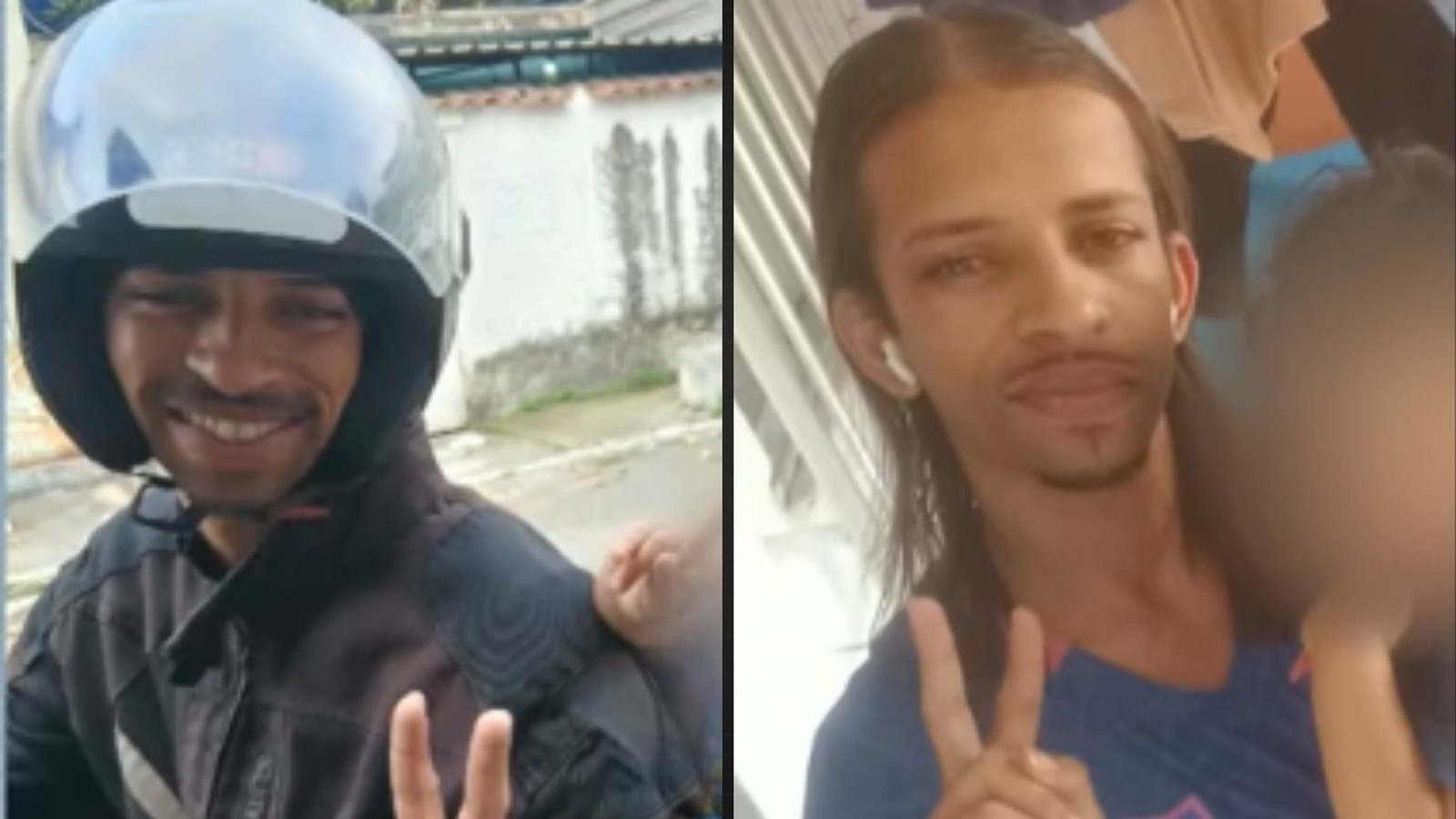 Homem sorrindo com capacete, fazendo sinal de paz. Mesma pessoa com cabelo longo, bigode, cavanhaque