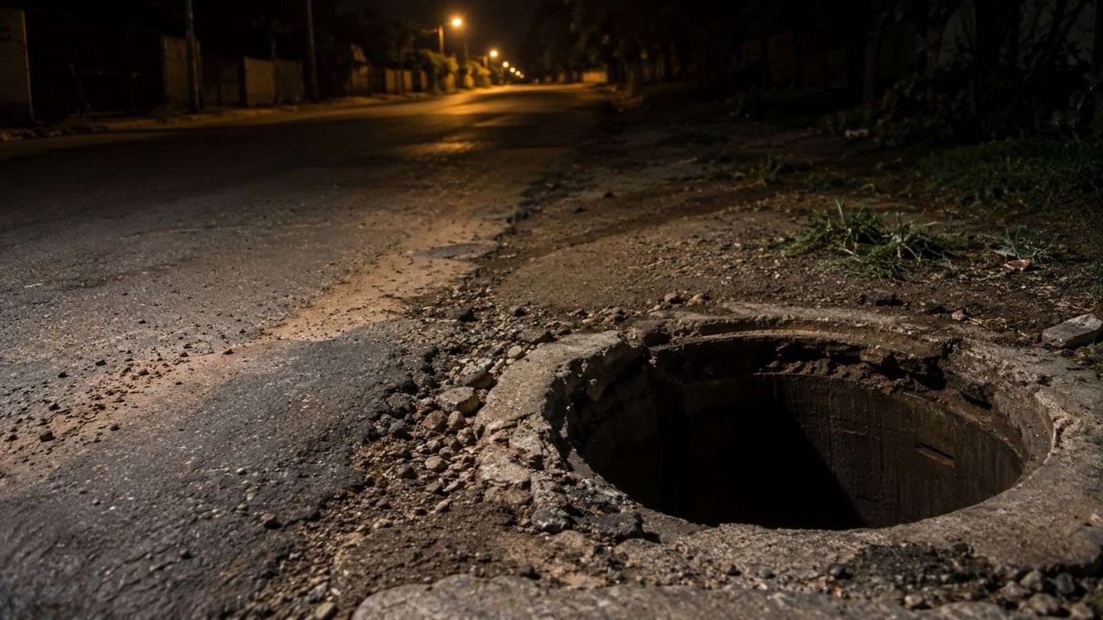 Vista em primeiro plano de bueiro aberto e danificado à noite em estrada escura com postes de luz