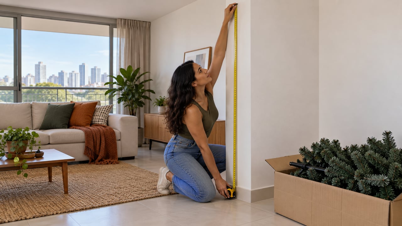 Meça do chão ao teto, no ponto exato onde a árvore ficará, e desconte lustre, sanca e ventilador