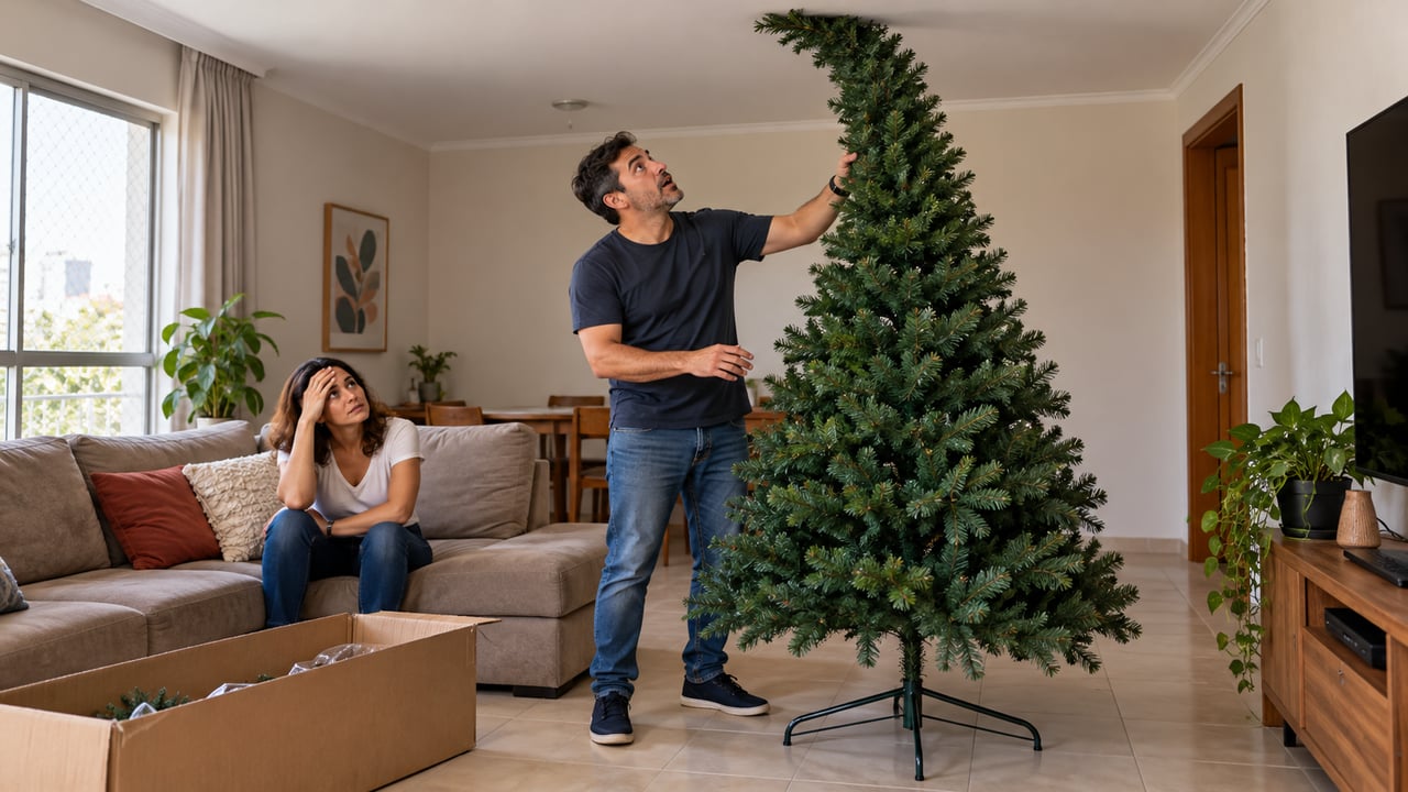 A altura da árvore de Natal, somada a base e ponteira, pode passar do pé-direito da sala