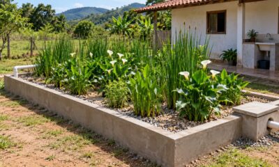 Um jardim filtrante de cerca de 10 m² pode tratar a água cinza de uma família de cinco pessoas