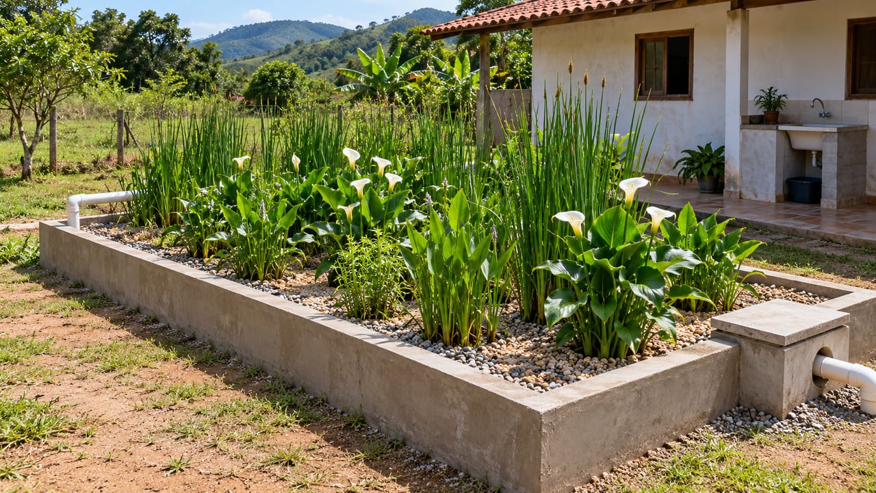 Um jardim filtrante de cerca de 10 m² pode tratar a água cinza de uma família de cinco pessoas