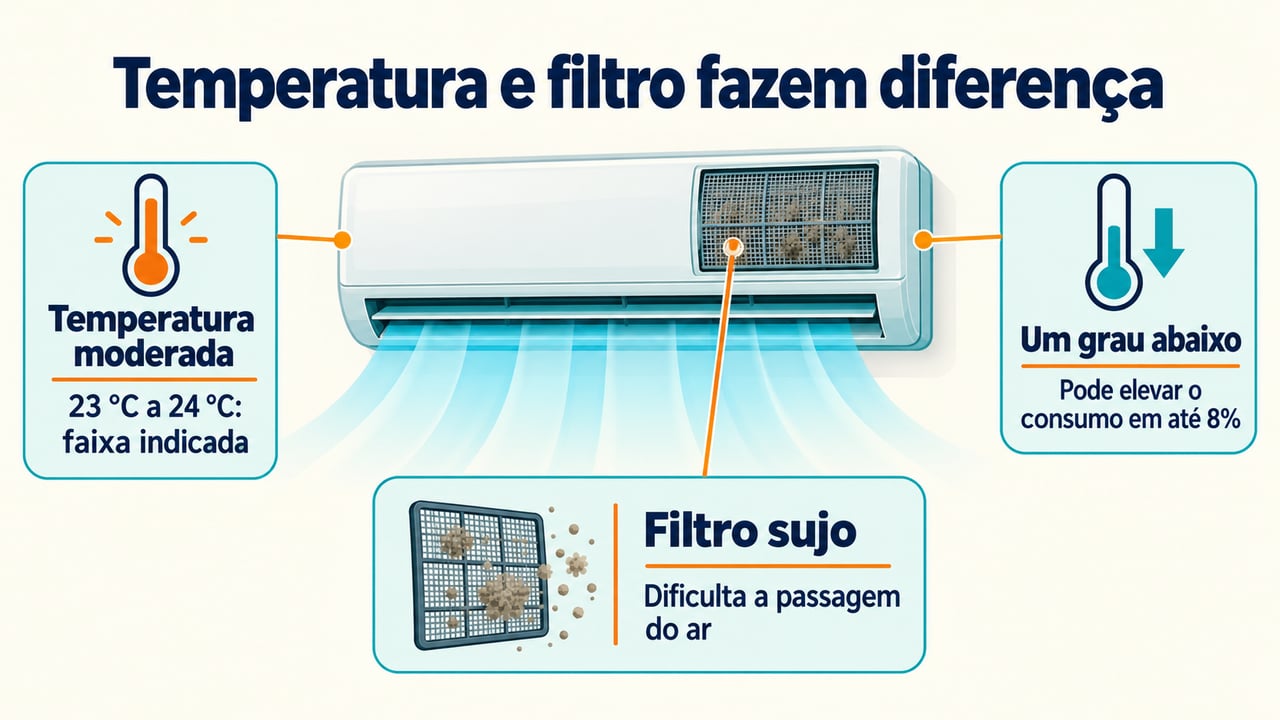 Um grau a menos pode elevar o consumo em até 8%, e o filtro sujo dificulta a circulação do ar