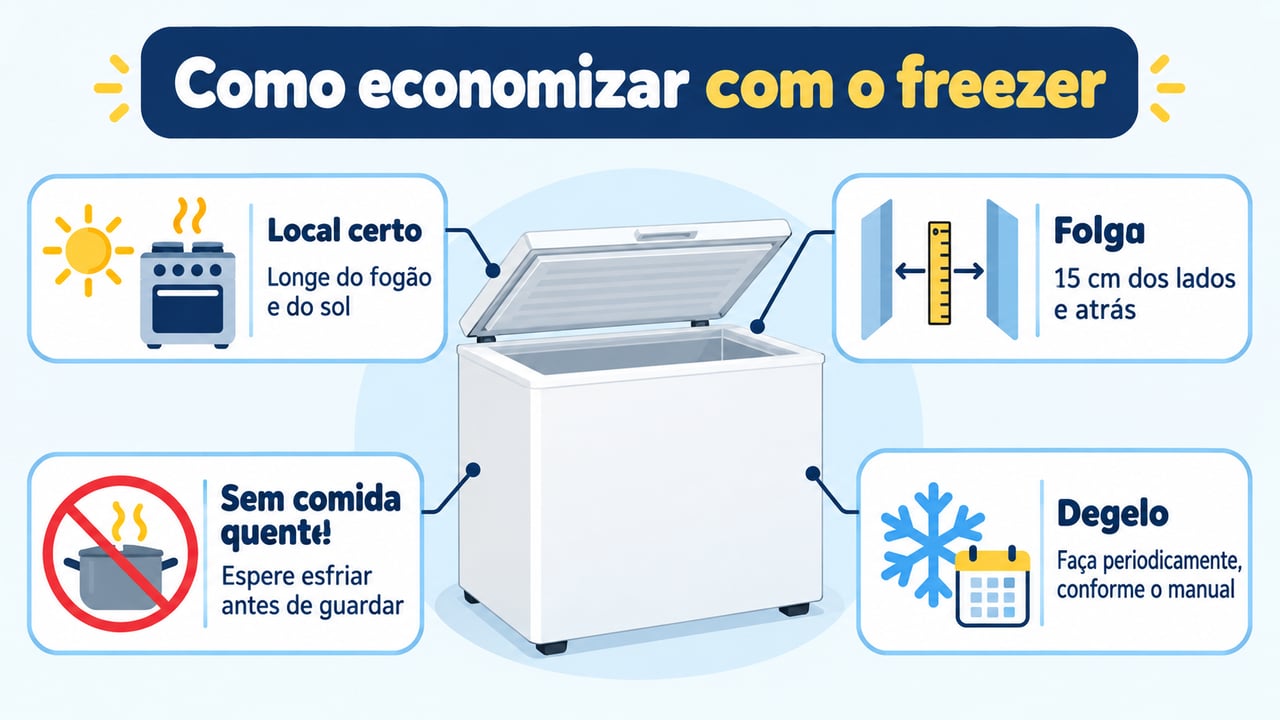 Instalar longe do fogão e do sol, com 15 cm de folga, ajuda o freezer a gastar menos energia