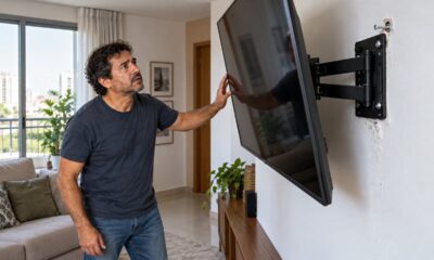 Suporte articulado faz alavanca e puxa os parafusos de cima, e o furo alargado no gesso perde firmeza com o tempo