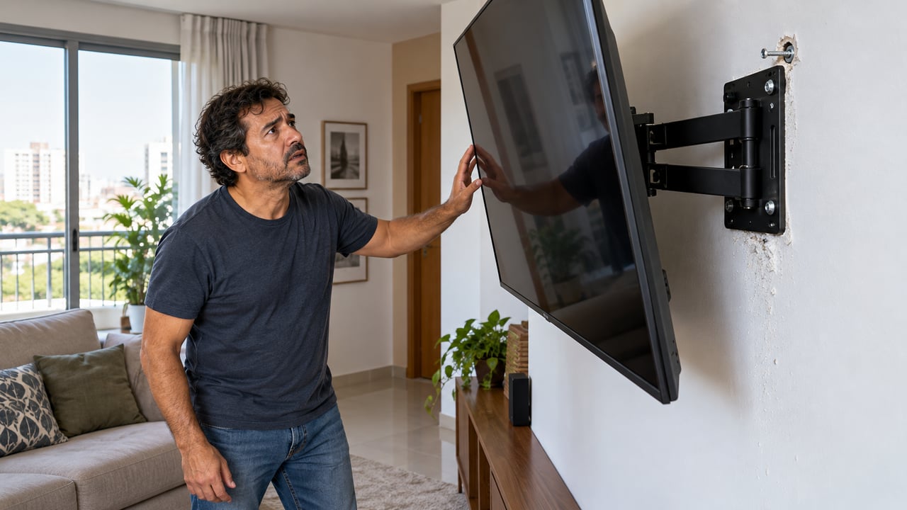 Suporte articulado faz alavanca e puxa os parafusos de cima, e o furo alargado no gesso perde firmeza com o tempo