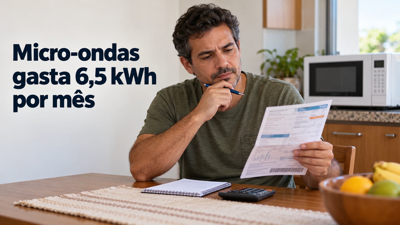 Um micro-ondas de 1.300 watts usado dez minutos por dia consome cerca de 6,5 kWh por mês