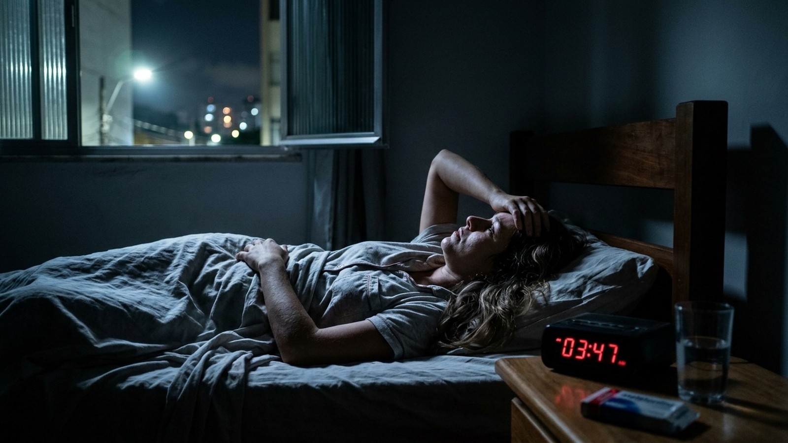 Mulher deitada na cama acordada de noite, com mão na testa, e relógio digital marcando 03:47
