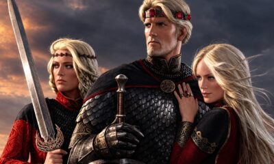 Rei e duas rainhas de cabelos loiros, com armaduras e espadas, sob um céu dramático