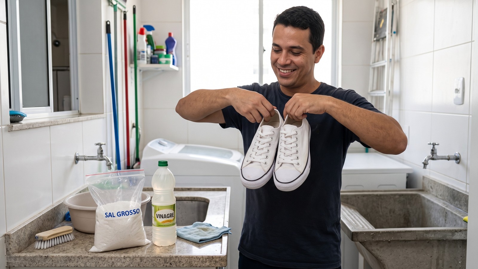 Homem sorridente segura tênis brancos em lavanderia; na bancada, sal grosso e vinagre.